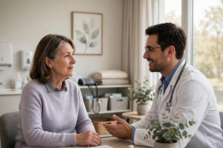 Woman talking with her doctor about breast changes during a clinic visit