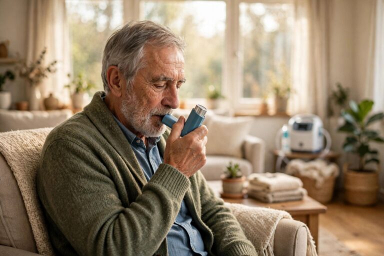 Man with COPD using a handheld inhaler at home in a bright living room