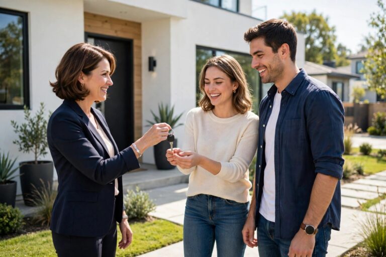 Real estate agent handing house keys to a smiling young couple outside their new home