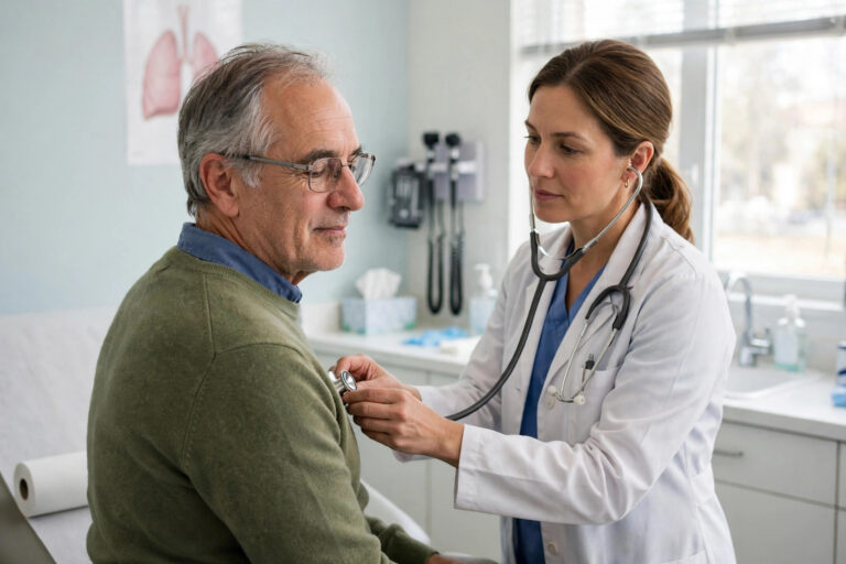 Doctor listening to a patient's lungs during a checkup for persistent cough symptoms