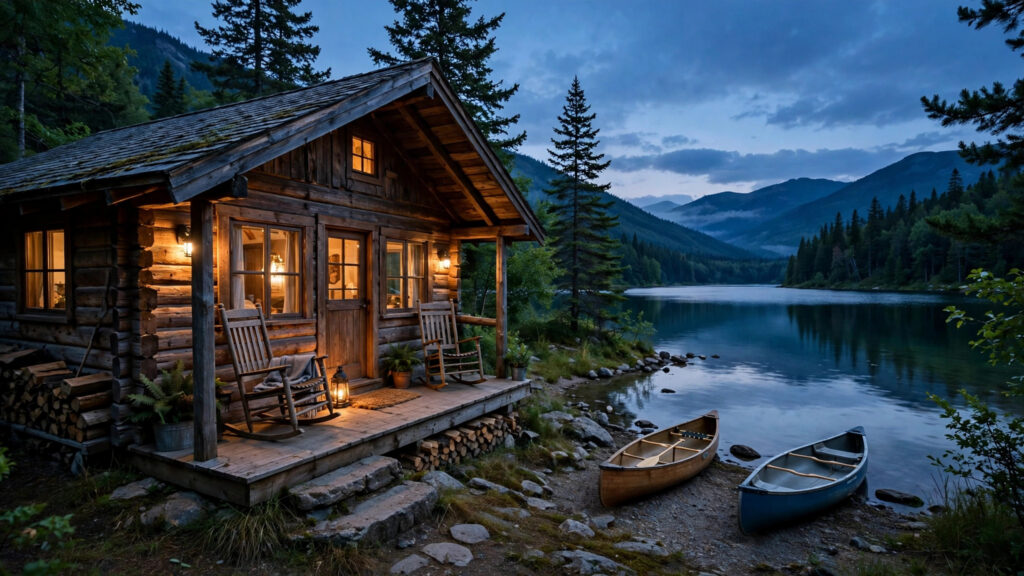 A lakeside cabin porch with rocking chairs and canoes on the shore at dusk.