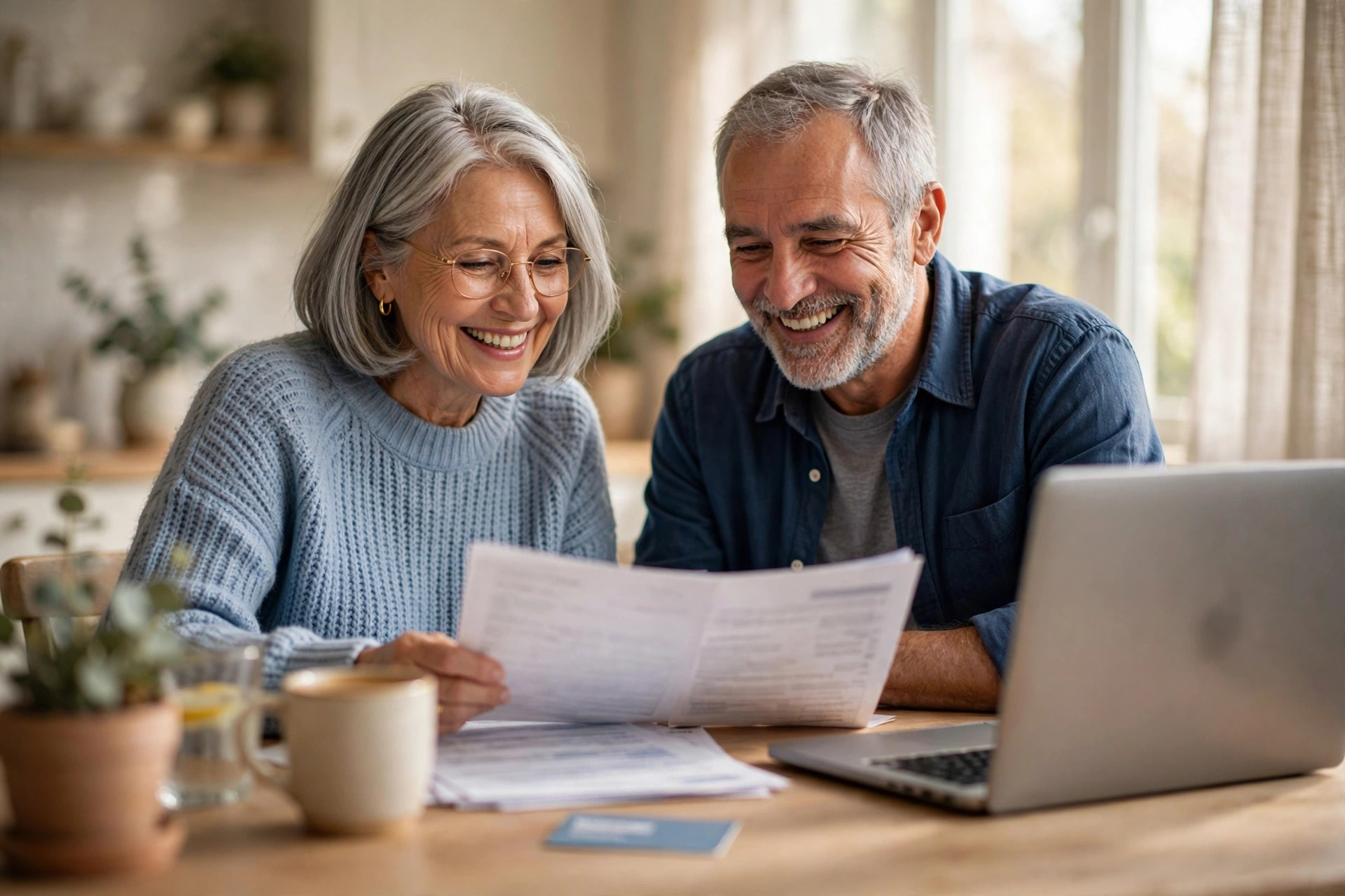 Senior couple reviewing Medicare paperwork and a benefits card at home