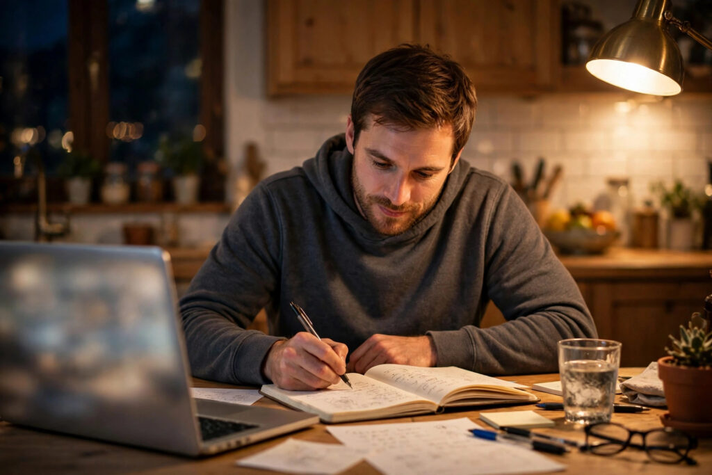 Adult student studying on a laptop at home for his GED exam