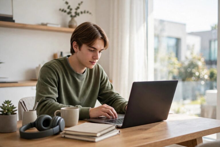 Student studying on a laptop at a tidy desk at home with headphones and notebooks nearby