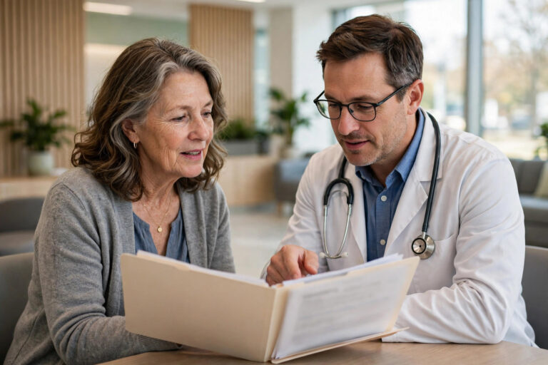 Woman discussing ovarian cancer clinical trial options with her oncologist